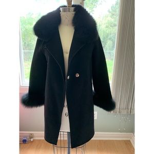 100% Wool Black Coat with Fox fur Embellishments